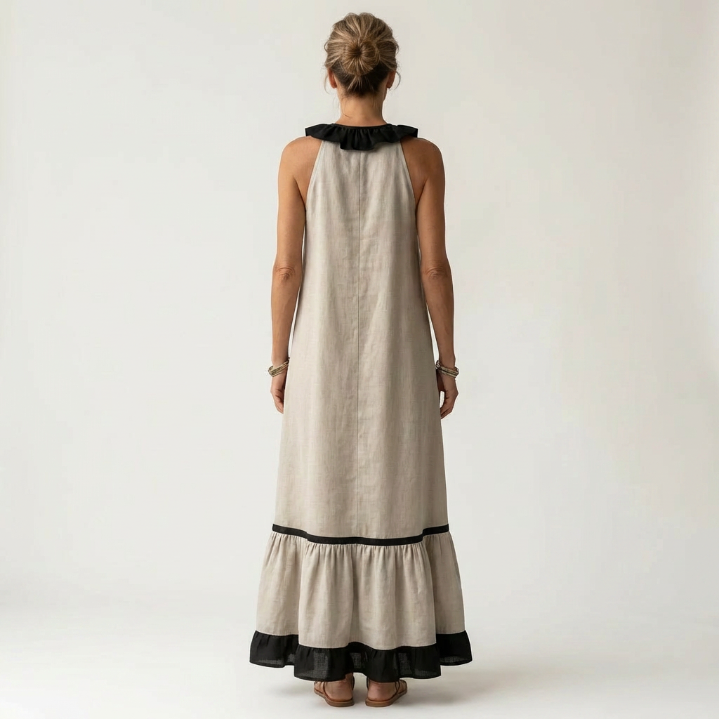 Mayline | Vestido largo sin mangas con escote de volantes y ribetes en contraste
