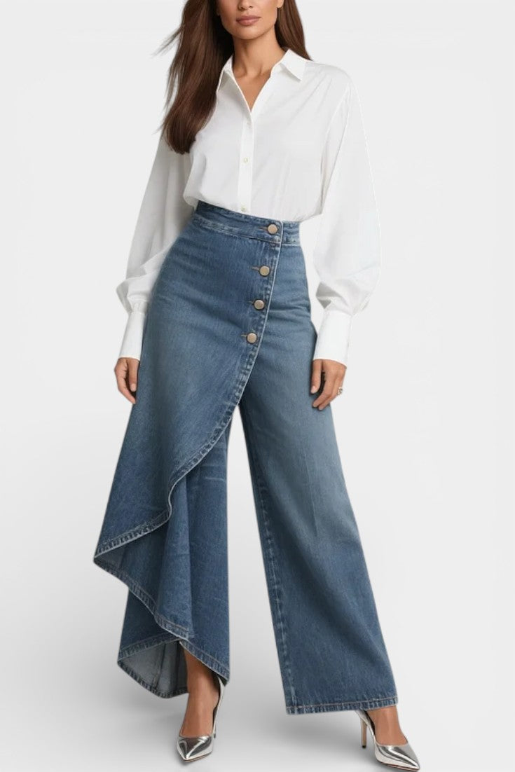 Jean Minnie Ancho de Denim Estampado con Cintura Alta Asimétrico