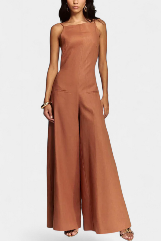 Belén Mono Halter de Ramio con Pernera Ancha y Escote Recto