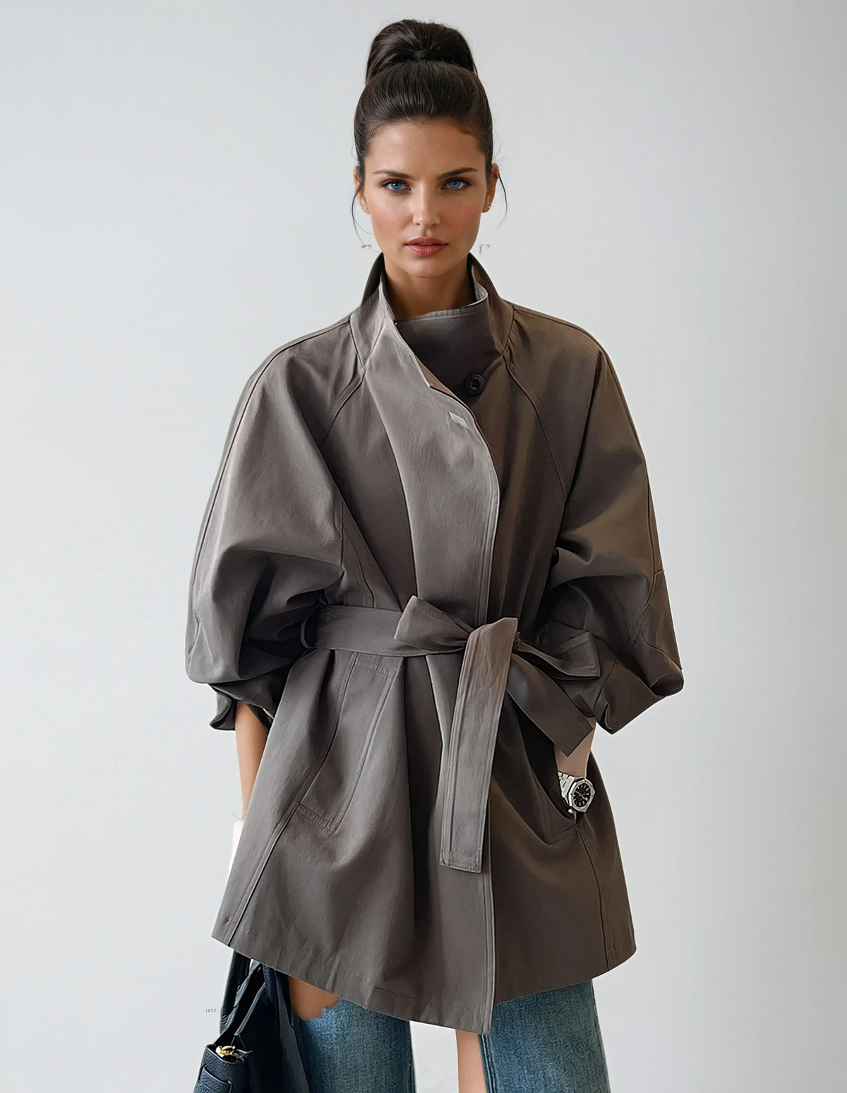 Gabardina con Cinturón y Cuello Alto para Mujer