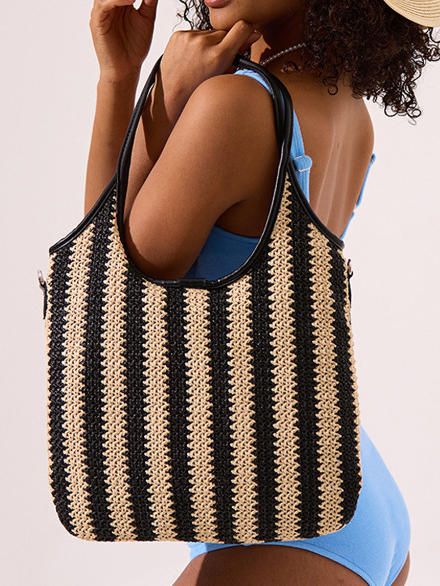 Bolso de Hombro Vintage de Rafia con Rayas en Contraste para Mujer