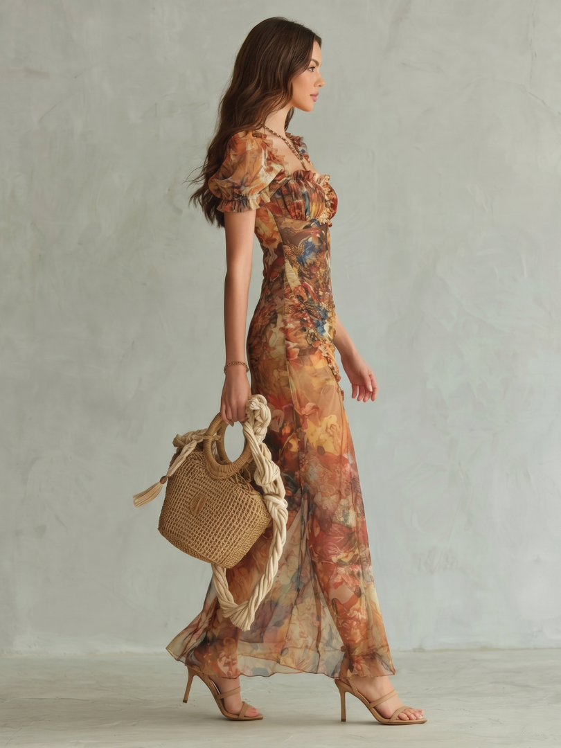 Ciel | Vestido midi fruncido con mangas de volantes y abertura frontal