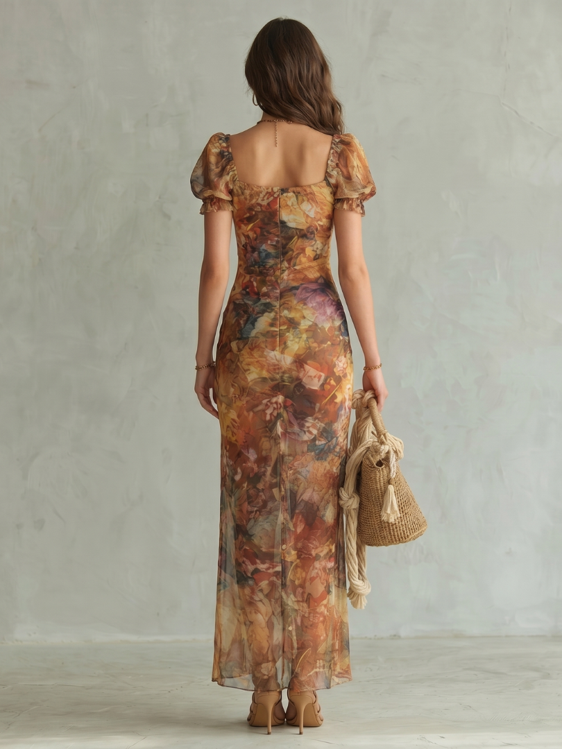 Ciel | Vestido midi fruncido con mangas de volantes y abertura frontal