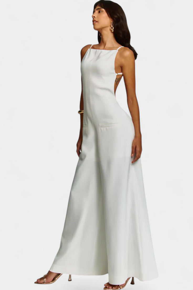Belén Mono Halter de Ramio con Pernera Ancha y Escote Recto