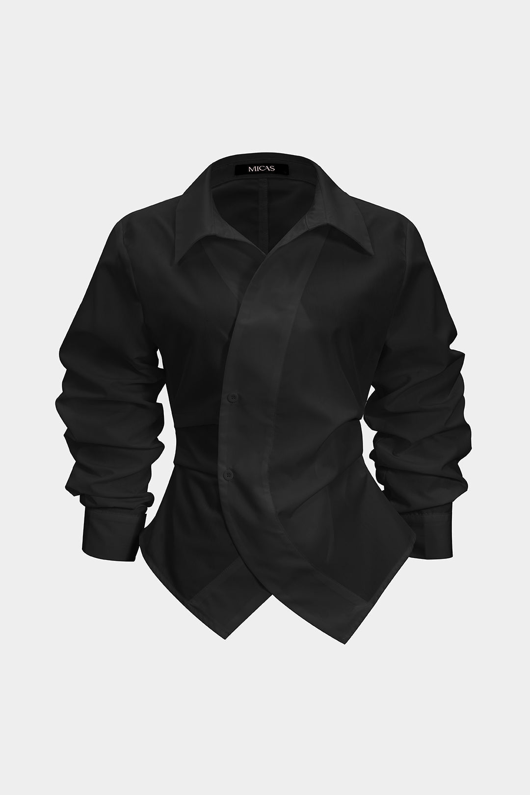 Camisa de Botón de Manga Larga Fruncida Irregular