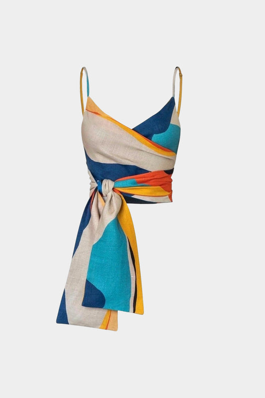 Top Cami Fruncido de Lino con Estampado Geométrico