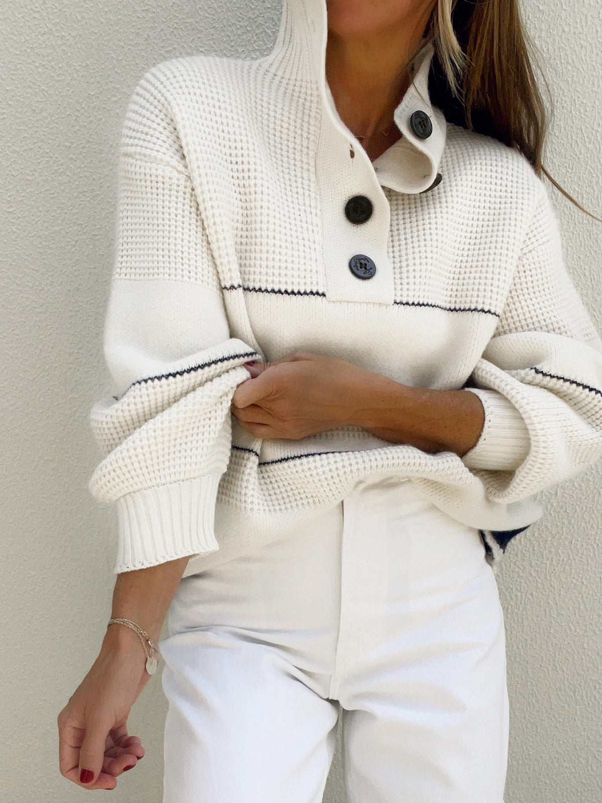 Jersey de Punto con Botones y Cuello Abierto