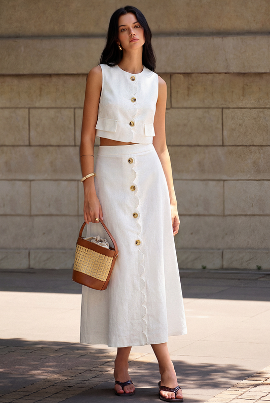 Conjunto de top y falda de algodón y lino con acabado festoneado