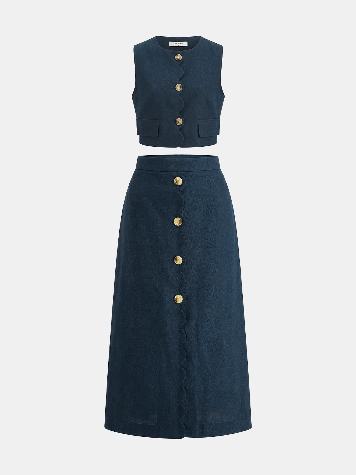 Conjunto de top y falda de algodón y lino con acabado festoneado