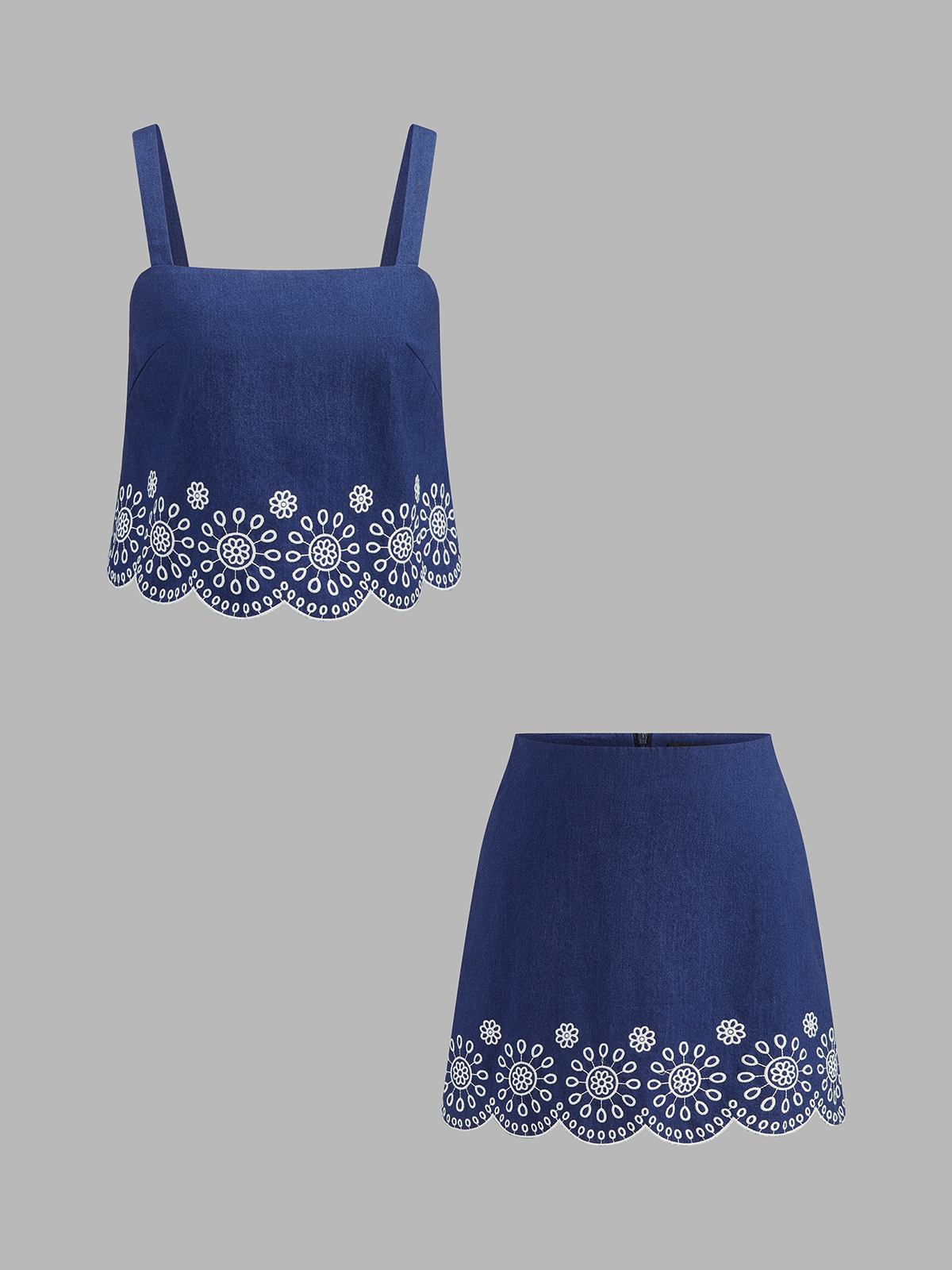 Conjunto de dos piezas con falda bordada y volantes