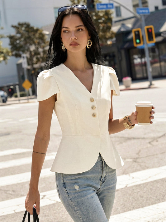 Blusa Peplum de Manga Abullonada con Botón Metálico