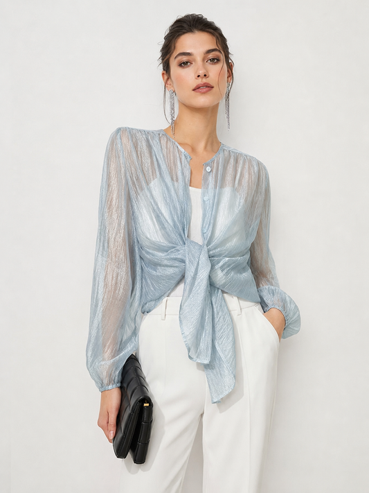 Blusa Semitransparente con Botones y Manga Larga