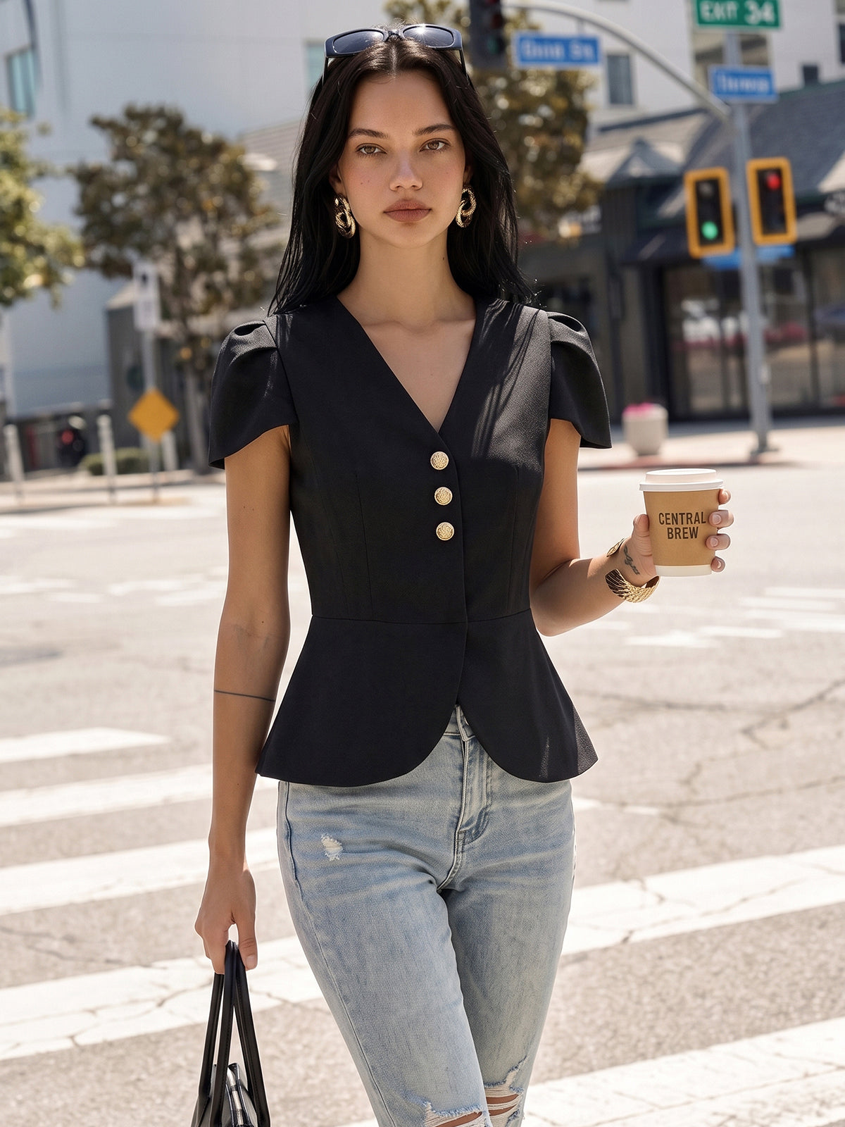 Blusa Peplum de Manga Abullonada con Botón Metálico