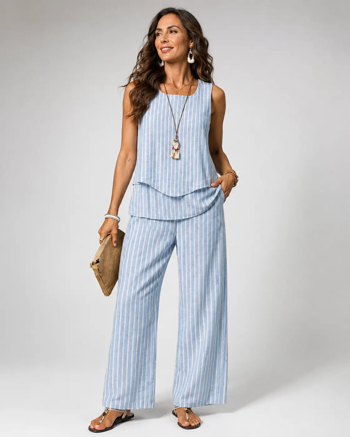 Nicolasa™ | Conjunto de rayas azules con top y pantalón de pierna ancha