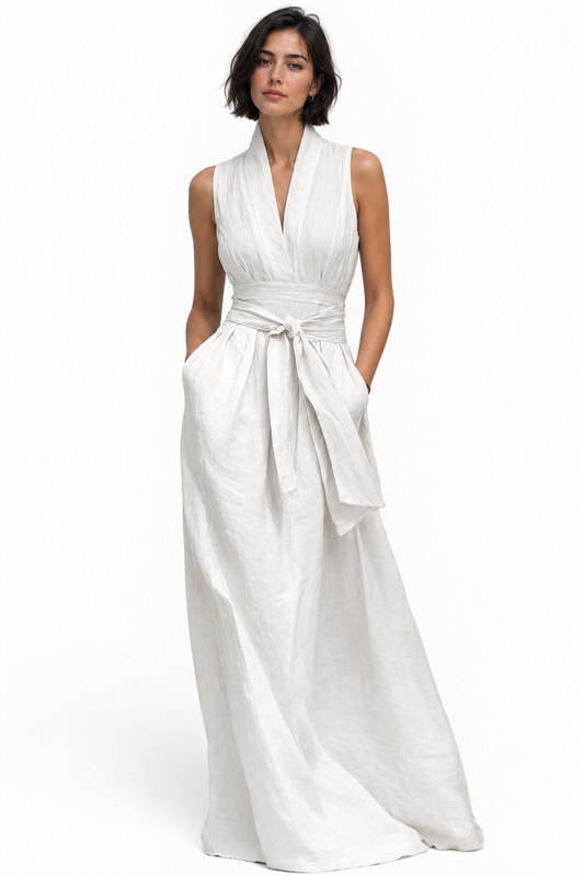 Gaëlle - Vestido Largo Cuello Alto con Cinturón Anudado