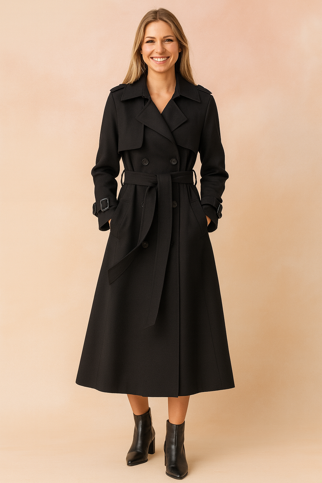 Gabardina Larga con Cinturón y Detalle de Hebilla para Mujer