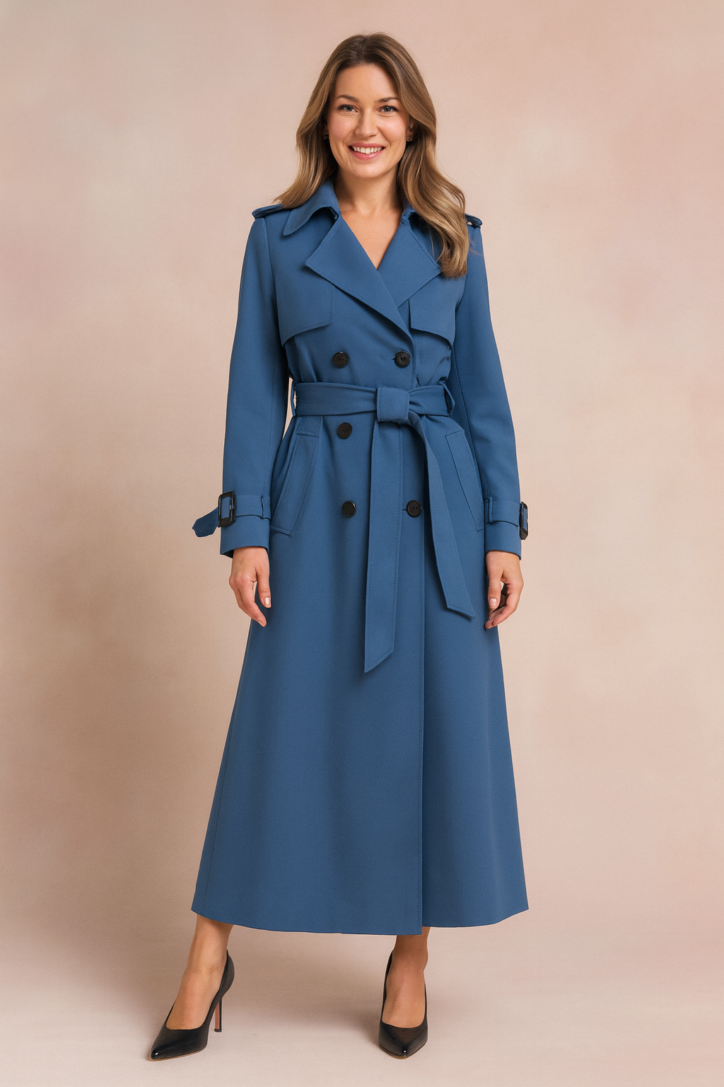 Gabardina Larga con Cinturón y Detalle de Hebilla para Mujer