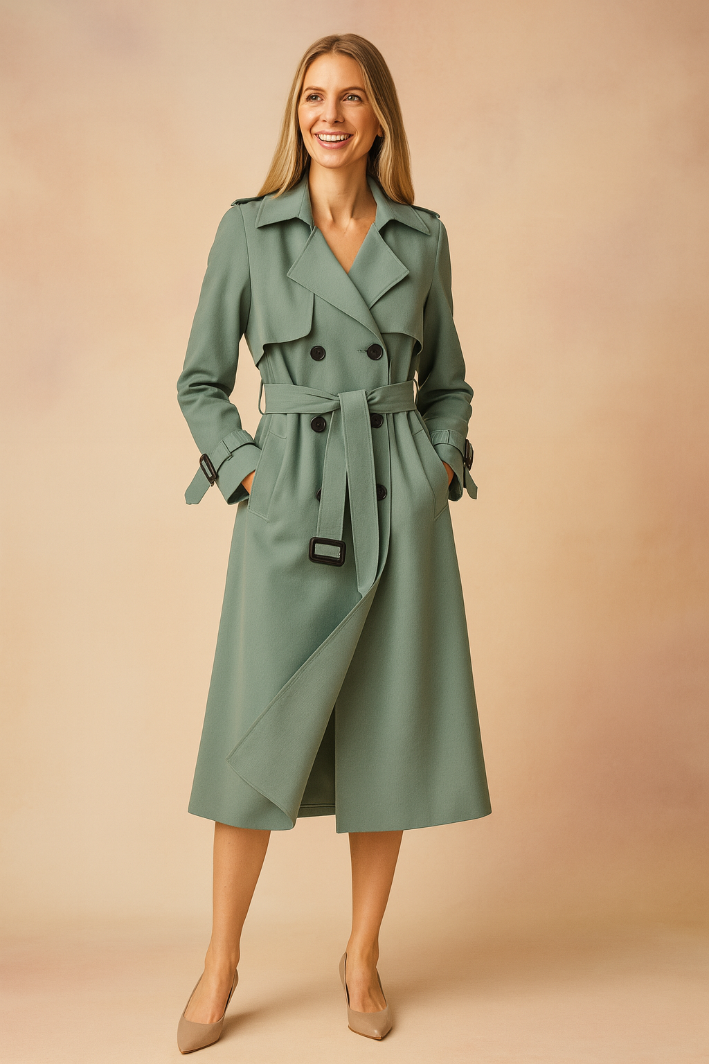 Gabardina Larga con Cinturón y Detalle de Hebilla para Mujer