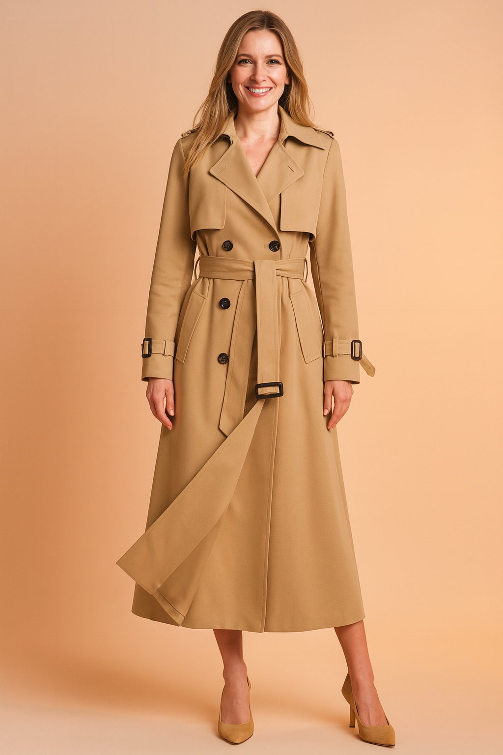 Gabardina Larga con Cinturón y Detalle de Hebilla para Mujer