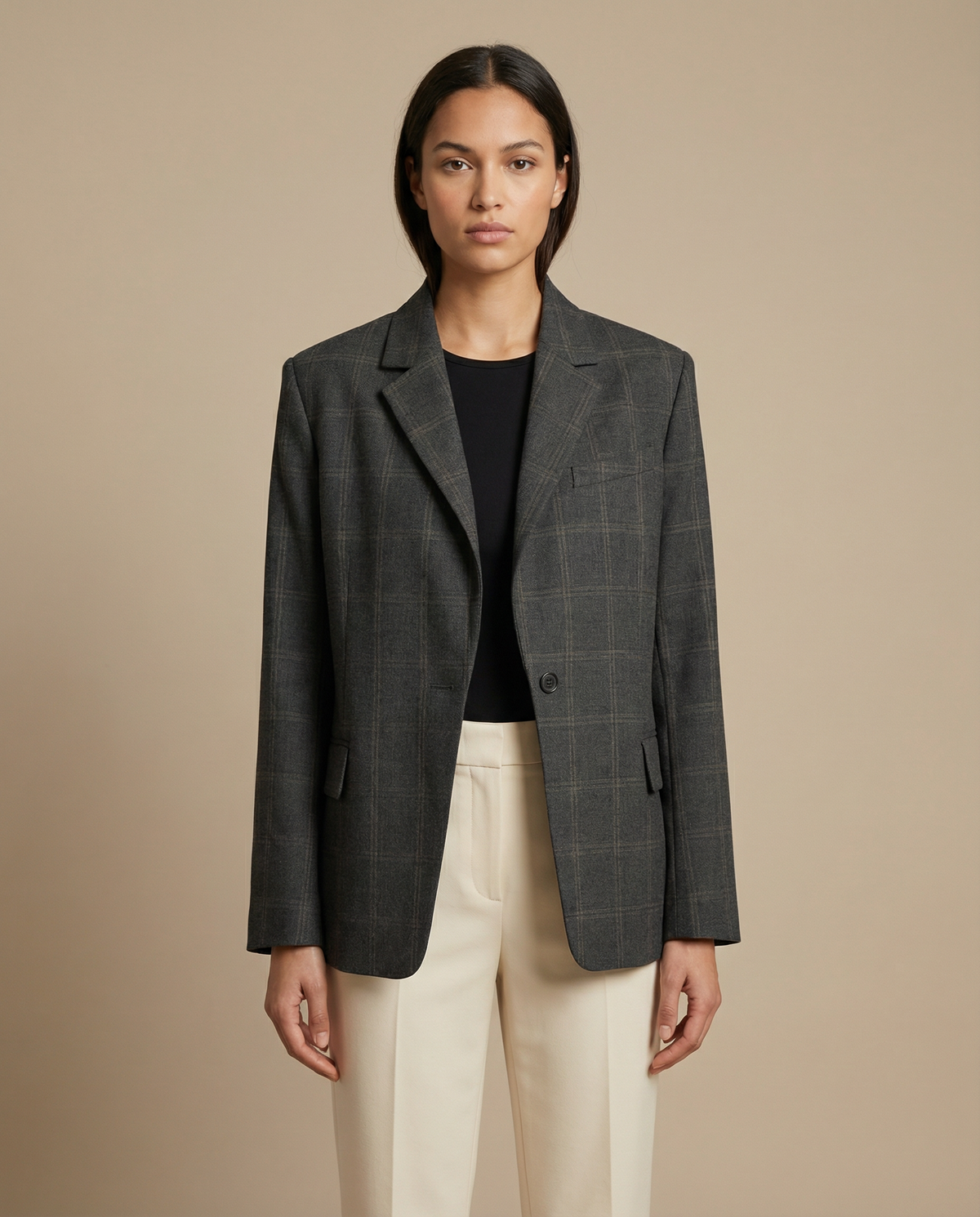 Blazer Oversized a Cuadros con Hombros Estructurados para Mujer