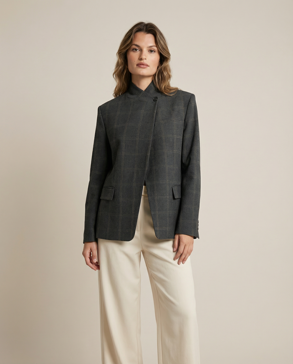 Blazer Oversized a Cuadros con Hombros Estructurados para Mujer