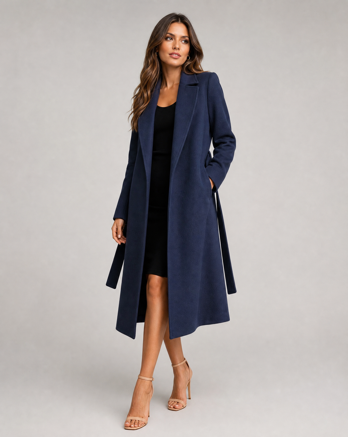 Gabardina Larga de Invierno para Mujer — Sobrabrigo Elegante de Mezcla de Lana con Cinturón, Solapa y Manga Larga