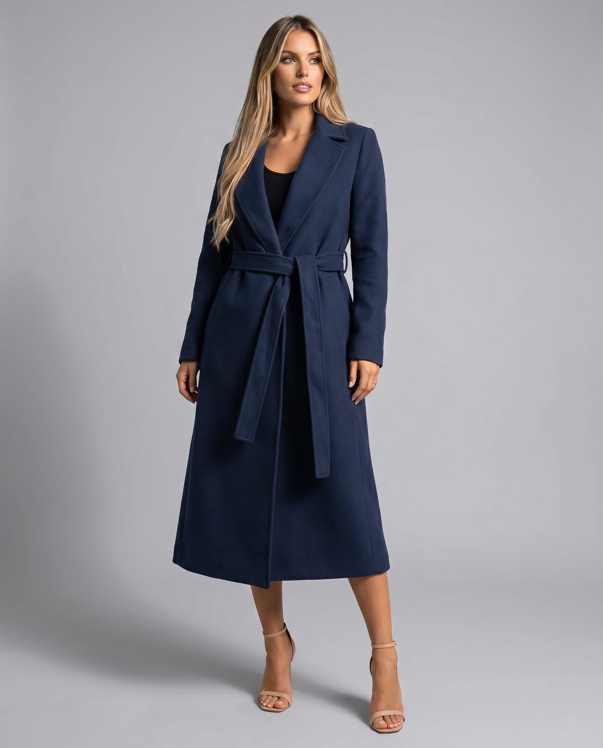 Gabardina Larga de Invierno para Mujer — Sobrabrigo Elegante de Mezcla de Lana con Cinturón, Solapa y Manga Larga