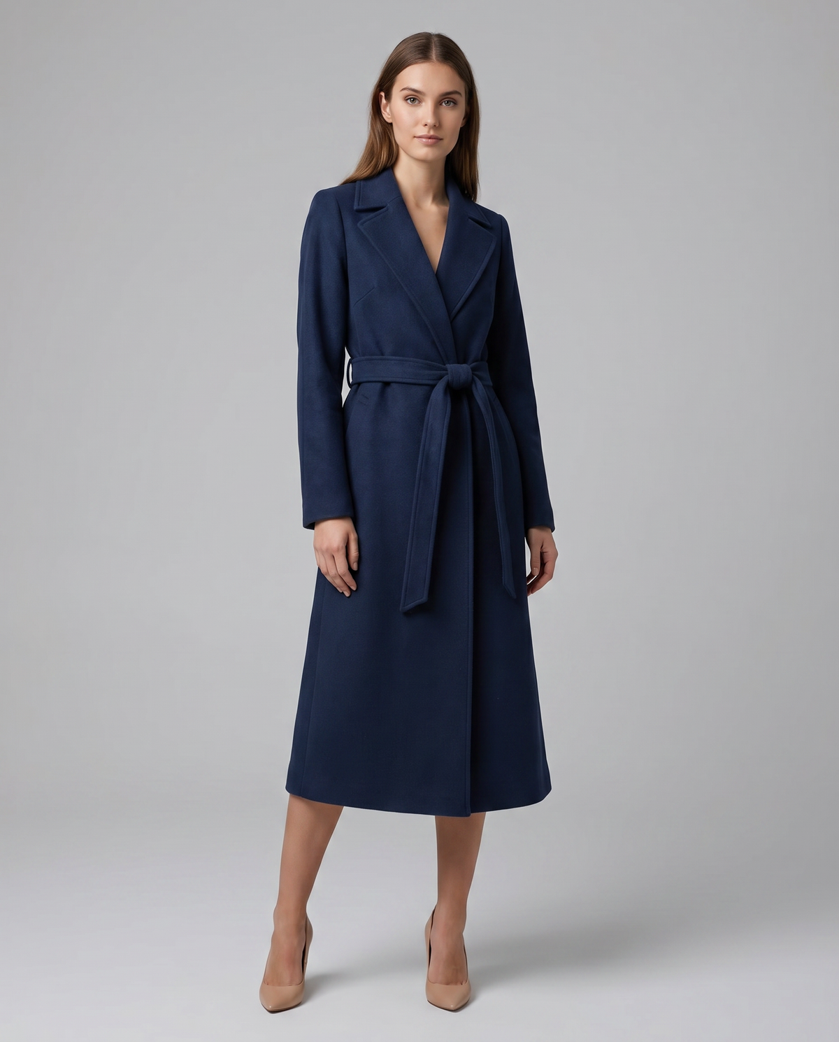 Gabardina Larga de Invierno para Mujer — Sobrabrigo Elegante de Mezcla de Lana con Cinturón, Solapa y Manga Larga