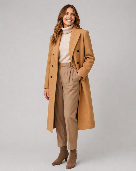 Abrigo Sastre Elegante de Doble Botonadura para Mujer — Sobraabrigo de Mezcla de Lana con Solapa y Manga Larga