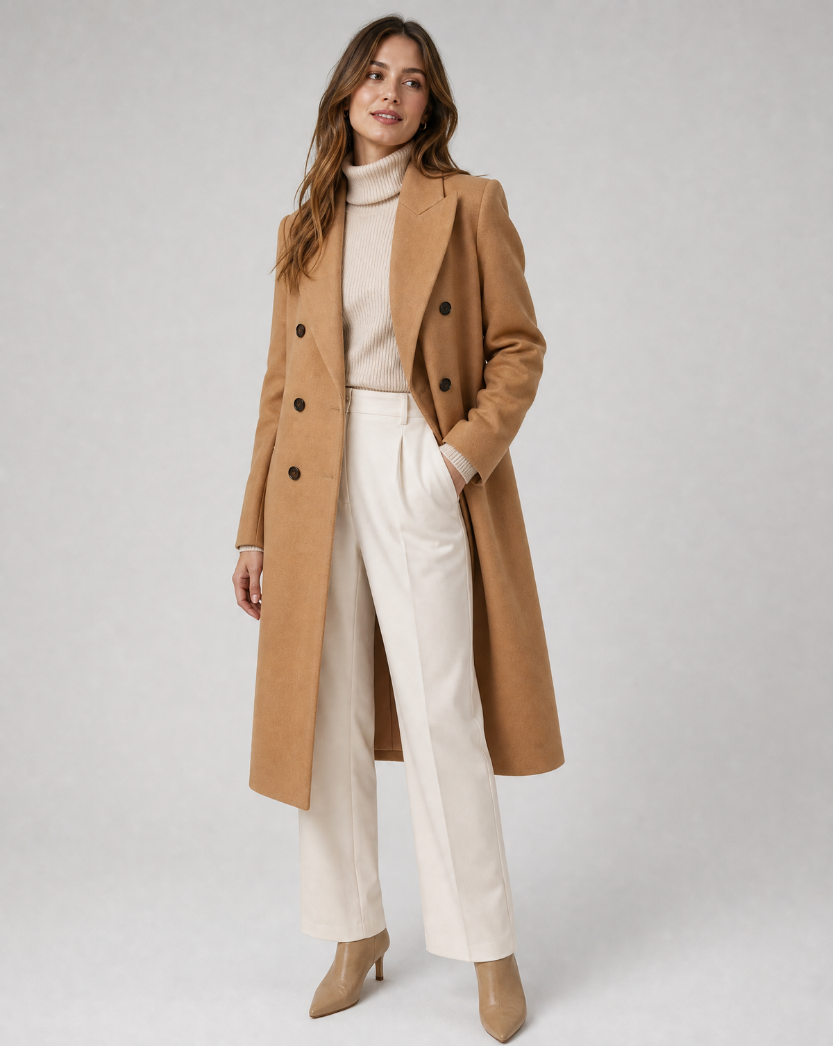 Abrigo Sastre Elegante de Doble Botonadura para Mujer — Sobraabrigo de Mezcla de Lana con Solapa y Manga Larga