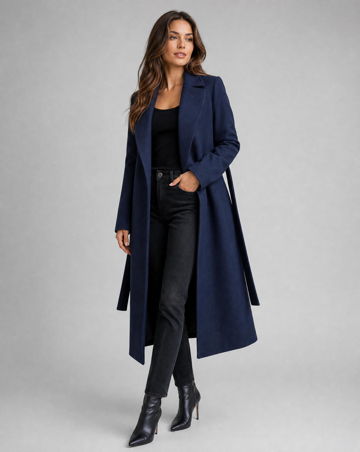 Gabardina Larga de Invierno para Mujer — Sobrabrigo Elegante de Mezcla de Lana con Cinturón, Solapa y Manga Larga