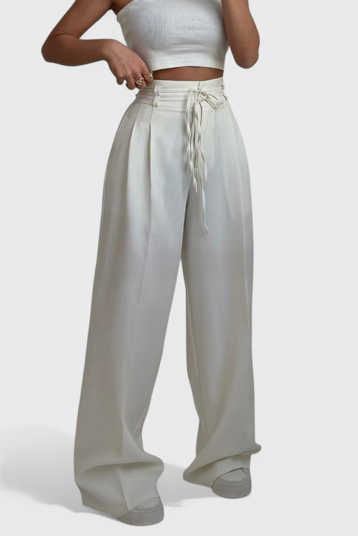 Sophie Pantalón de Cintura Alta y Piernas Anchas con Detalle de Cordones
