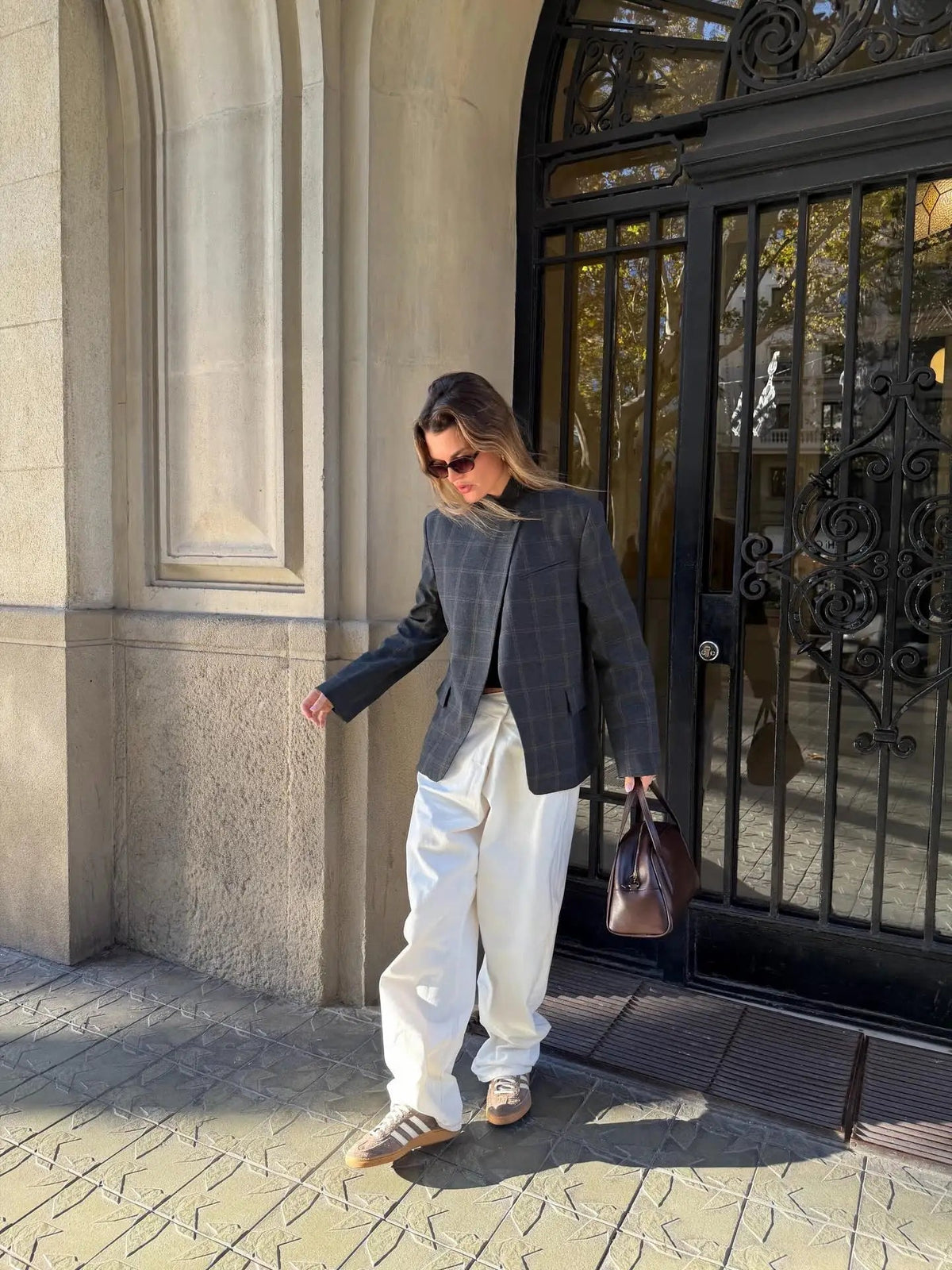 Blazer Oversized a Cuadros con Hombros Estructurados para Mujer