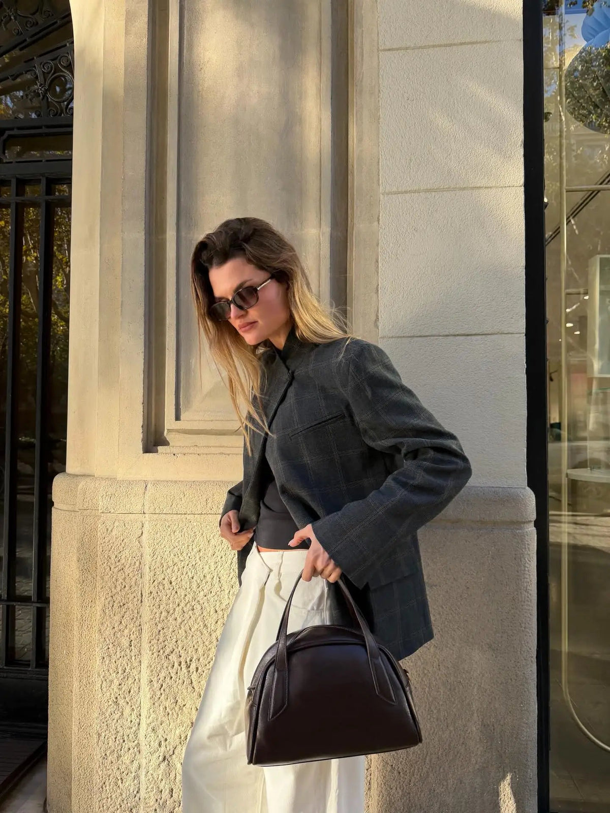 Blazer Oversized a Cuadros con Hombros Estructurados para Mujer