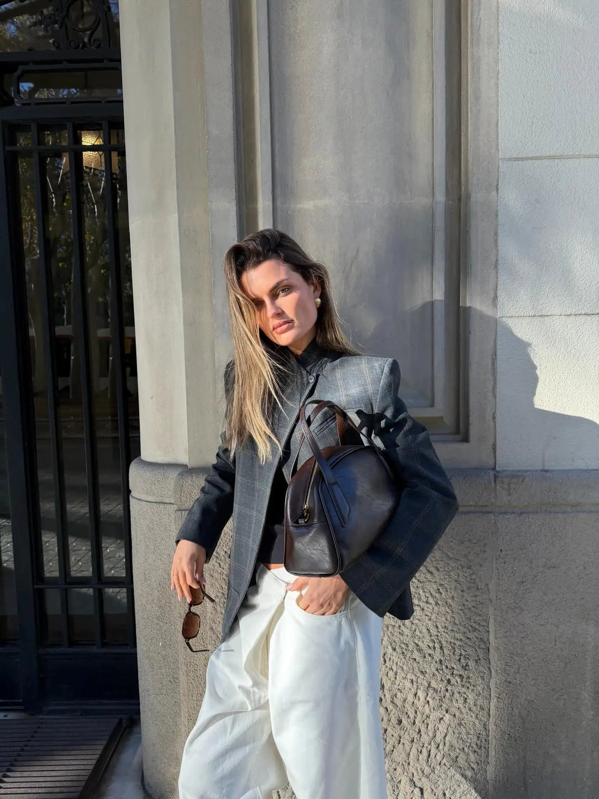 Blazer Oversized a Cuadros con Hombros Estructurados para Mujer