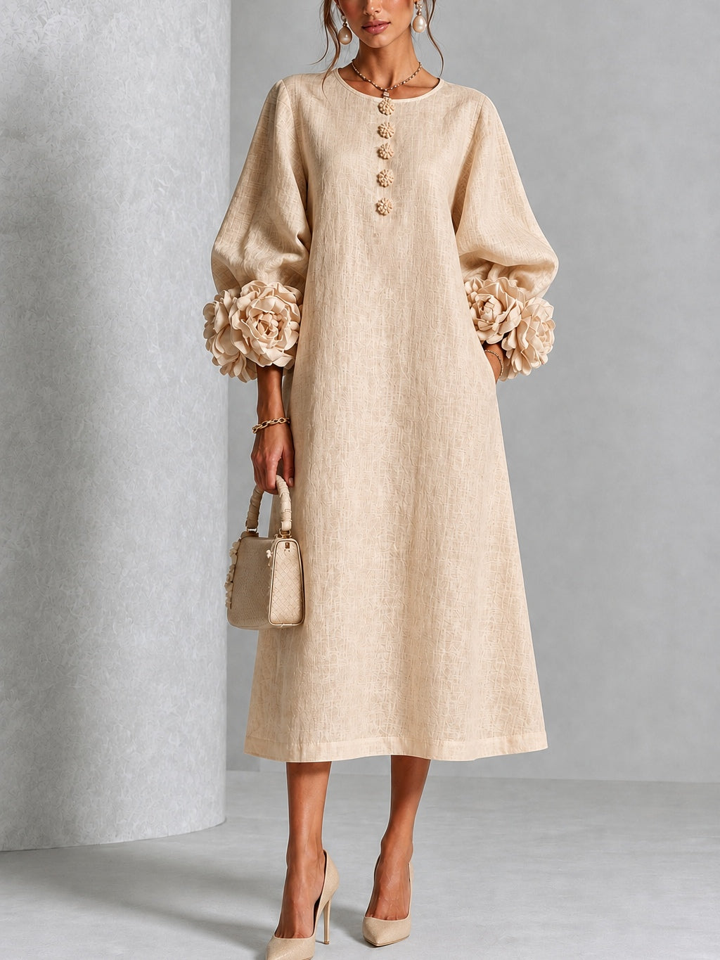 Capucine | Vestido midi con mangas abullonadas y botones florales