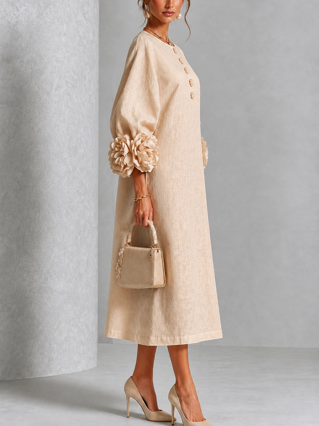 Capucine | Vestido midi con mangas abullonadas y botones florales