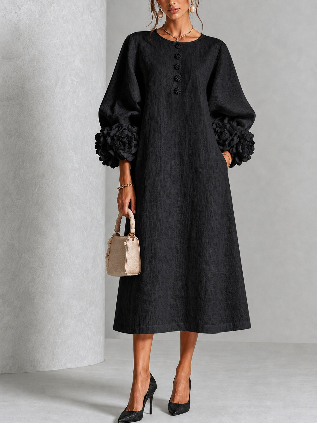 Capucine | Vestido midi con mangas abullonadas y botones florales