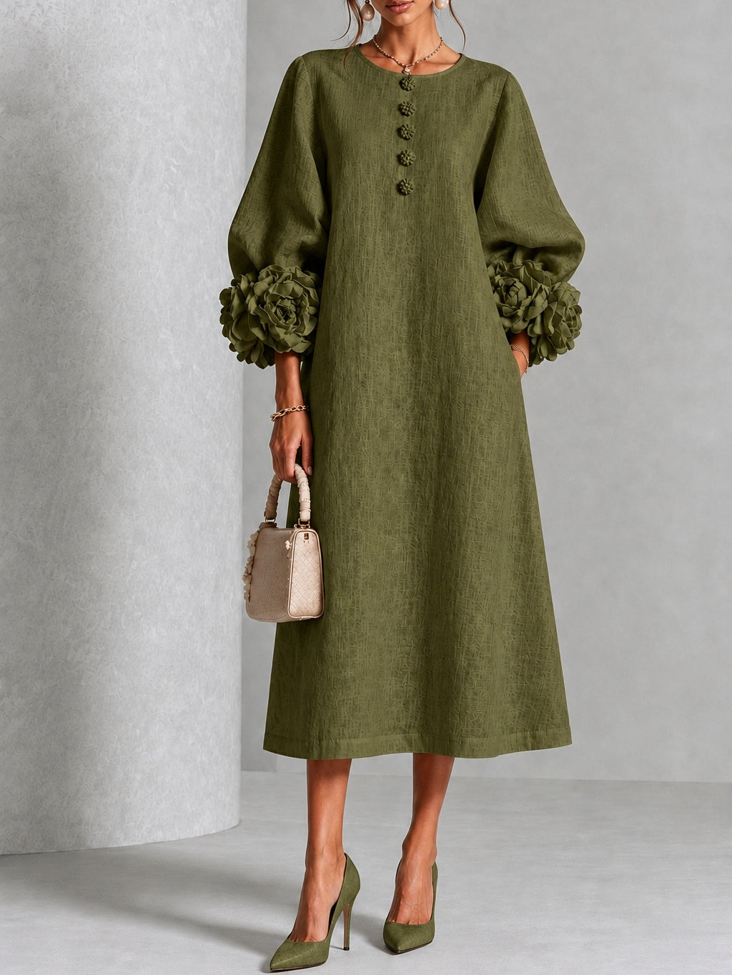 Capucine | Vestido midi con mangas abullonadas y botones florales
