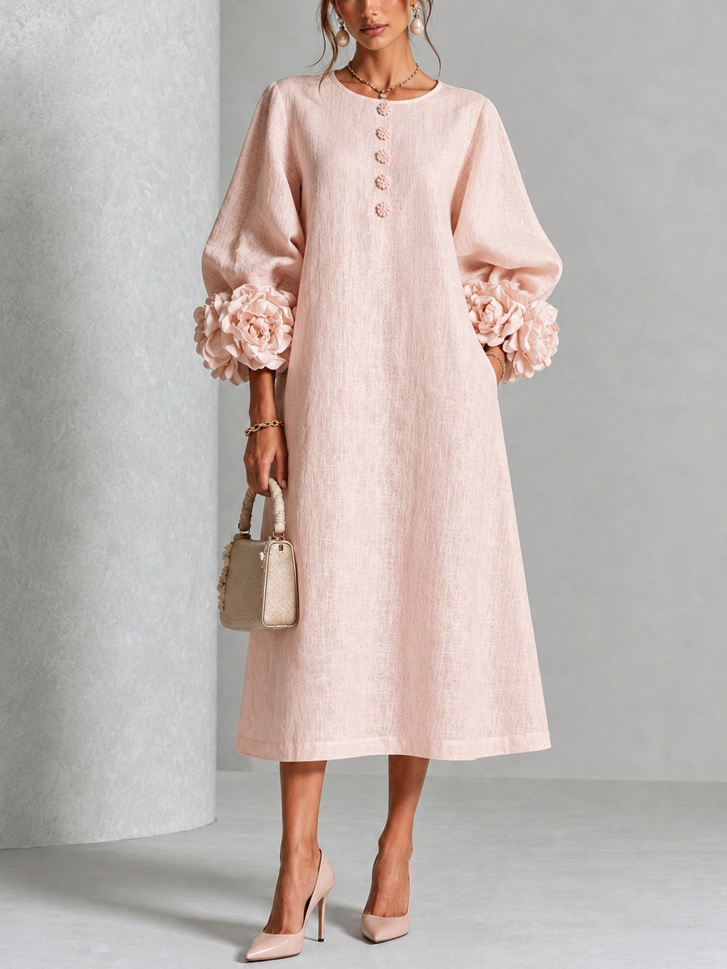 Capucine | Vestido midi con mangas abullonadas y botones florales