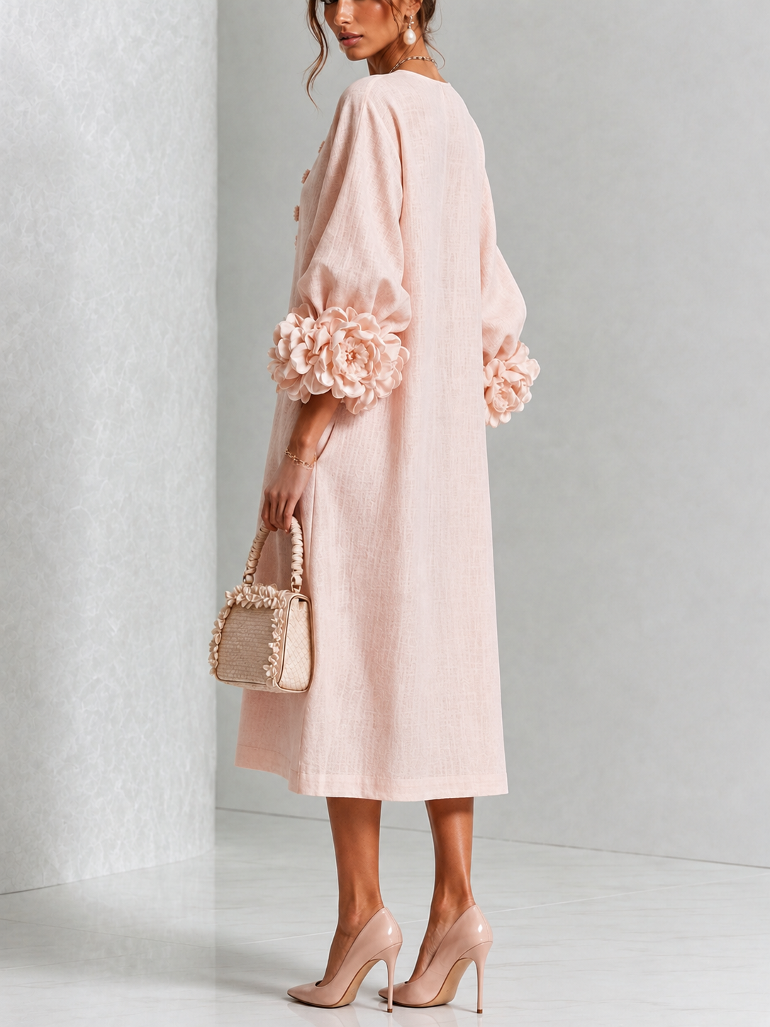 Capucine | Vestido midi con mangas abullonadas y botones florales