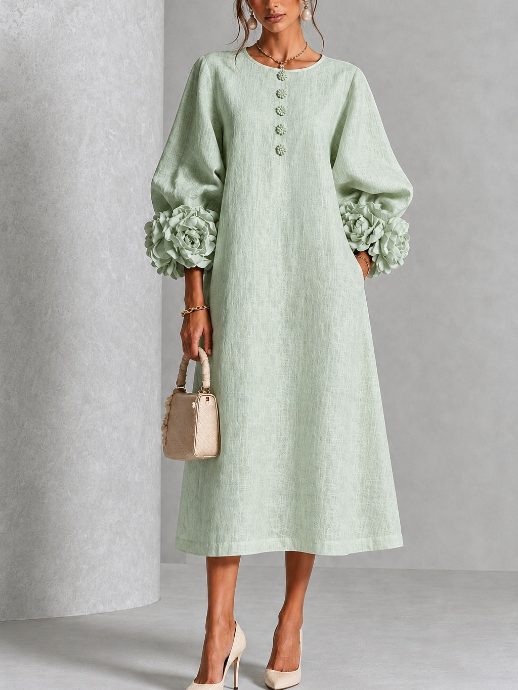 Capucine | Vestido midi con mangas abullonadas y botones florales