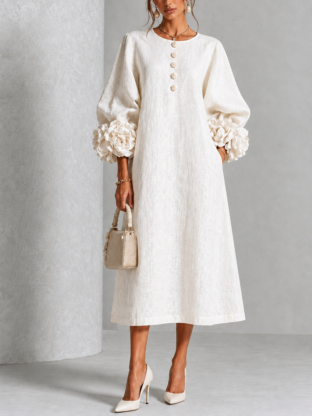 Capucine | Vestido midi con mangas abullonadas y botones florales