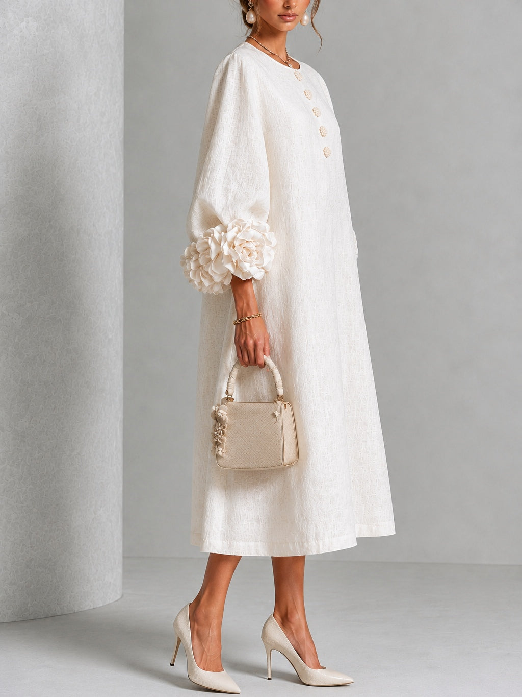 Capucine | Vestido midi con mangas abullonadas y botones florales