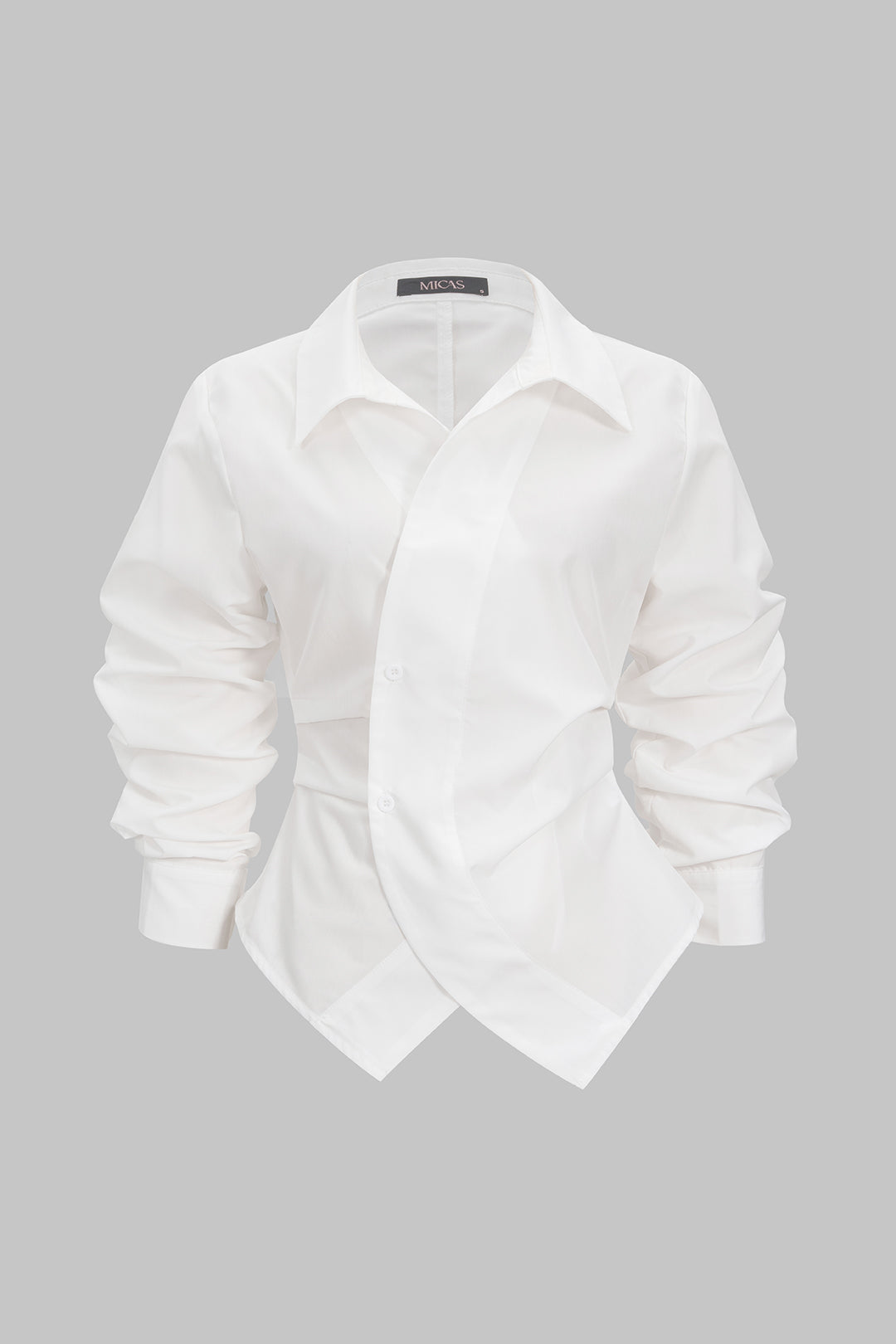Camisa de Botón de Manga Larga Fruncida Irregular