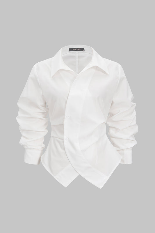Camisa de Botón de Manga Larga Fruncida Irregular