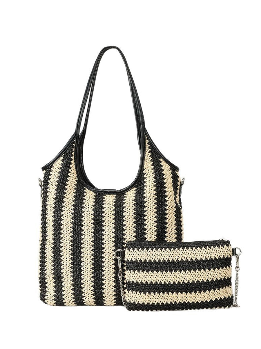 Bolso de Hombro Vintage de Rafia con Rayas en Contraste para Mujer