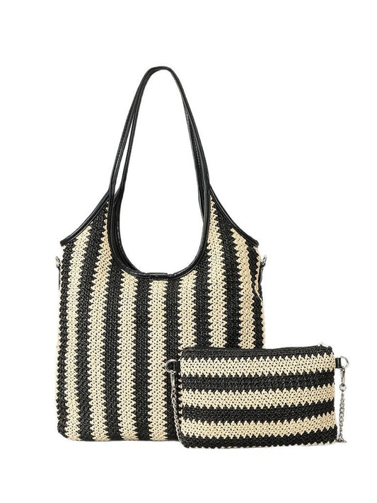 Bolso de Hombro Vintage de Rafia con Rayas en Contraste para Mujer