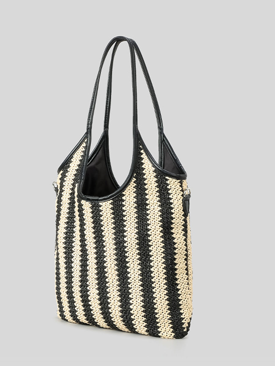 Bolso de Hombro Vintage de Rafia con Rayas en Contraste para Mujer