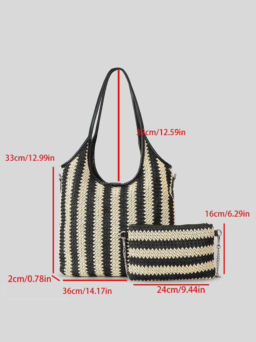 Bolso de Hombro Vintage de Rafia con Rayas en Contraste para Mujer